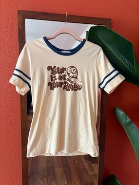 The Bee & The Fox Cream Graphic Ringer Tee Navy Trim Your Ego is Not Your Amigo